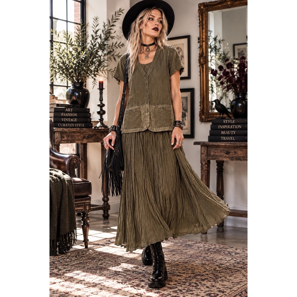 Briana-che Brown Rayon Cotton Crinkle Maxi Dress Vest Set 14 Boho